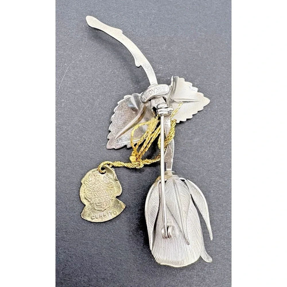 Vintage Giovanni Christmas Rose Brooch Flower 1966 w/ Original Tag Silver Tone